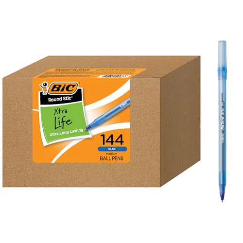 BIC Round Stic Xtra Life Blue Ballpoint Pens, Medium Point (1.0mm), 144-Count Pack of Bulk Pens, Flexible Round Barrel for Writing Comfort, No. 1