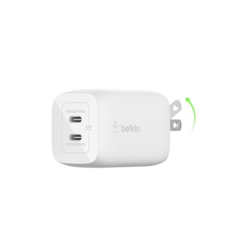 Belkin 65W Dual USB C Charger Block, Super Fast Charging PD3.0 w/ GaN Technology - Samsung Galaxy S25, Apple iPhone 17, Air, Pro, Pro Max, iPad