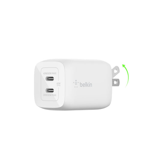 Belkin 65W Dual USB C Charger Block, Super Fast Charging PD3.0 w/ GaN Technology - Samsung Galaxy S25, Apple iPhone 17, Air, Pro, Pro Max, iPad