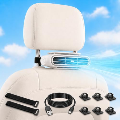 Car Fans for Backseat for Kids & Pets, Rechargeable Car Seat Fan, White