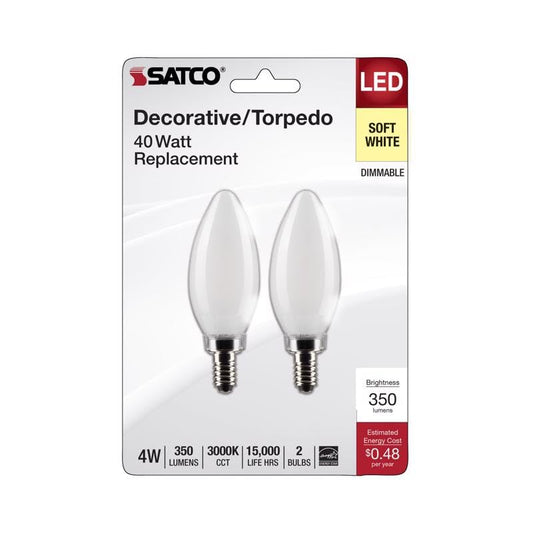 Satco S21824 4 Watt B11 LED Bulb, Frosted, Candelabra Base, 3000K, 350 Lumens, 120 Volt, 2-Pack