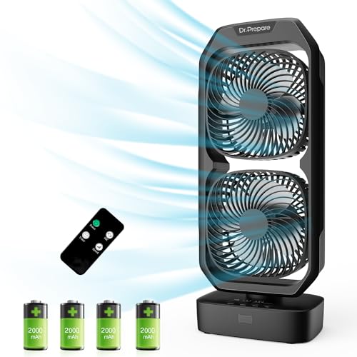 DR.PREPARE Small Oscillating Tower Fan with Remote, Rechargeable Battery Powered Desk Fan for Bedroom, 250° Tilt, 8H Timer, 3 Speeds, Portable Table