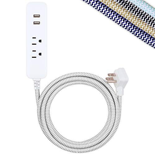 Cordinate Surge Protector Power Strip, 2 Outlet 10 Ft Braided Cord Power Strip with USB Ports, 3-Prong Flat Plug, White, 41691