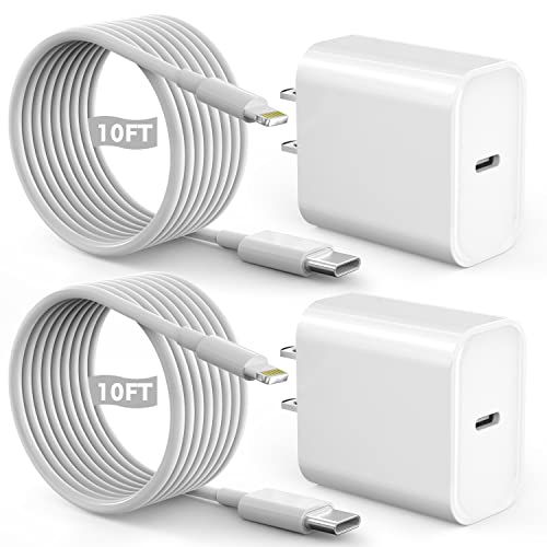 Fast iPhone Charger, Quick 10Foot USBC Wall Charger Phone Charge 2Pack PD USB C Fast Charge Block + Long 10FT Lightning Fast Charging Cable…