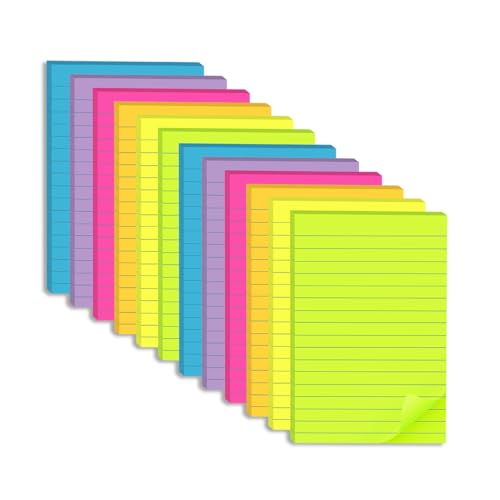 (12 Pack) Lined Sticky Notes 4x6 in,Bright Large Notepads with Lines