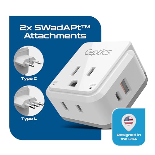 Ceptics Chile, Italy Travel Plug Adapter Set – US to Type C/L with 2 Outlets, USB & USB-C 20W PD, QC 18W, SWadAPt Attachments, PAK-IT