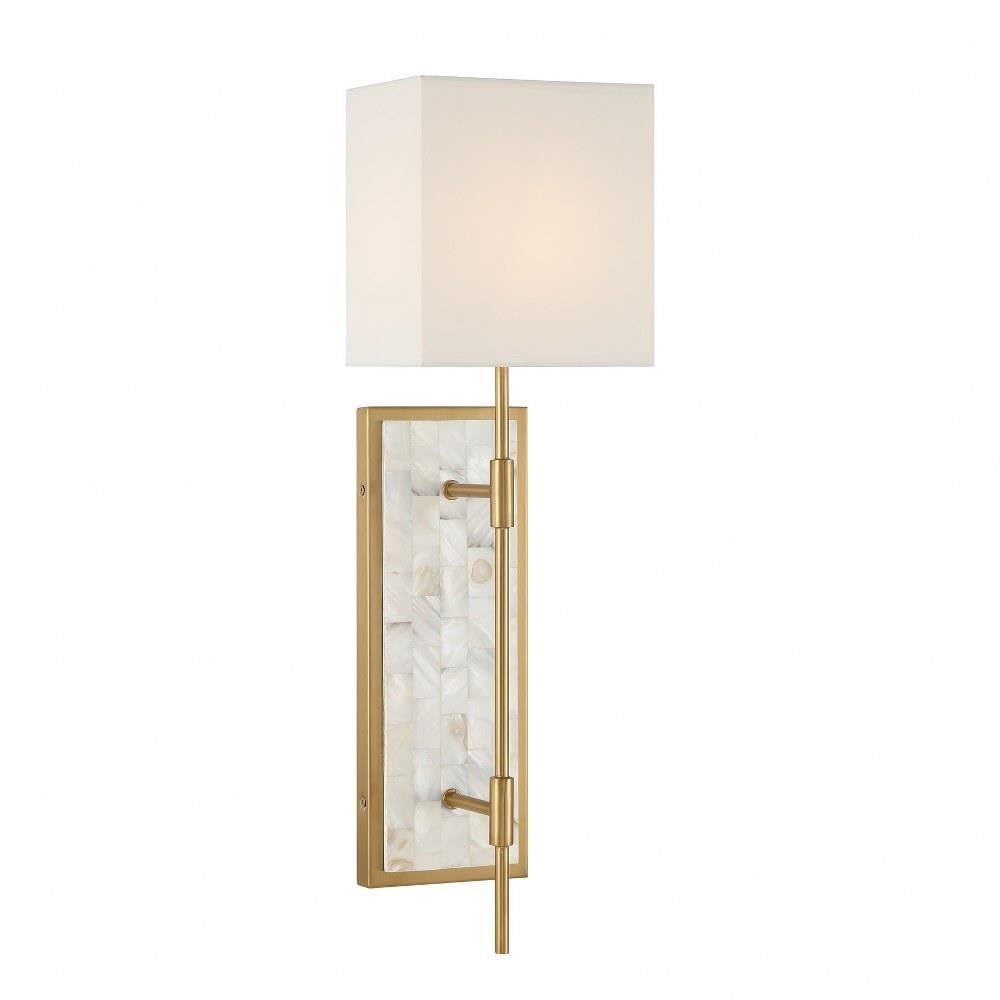 Savoy House 9-6512-1-322 Eastover Mid-Century Modern Traditional Vintage White Fabric Wall Sconce, 1-Light 60 Watt, 22" H x 7" W, Warm Brass