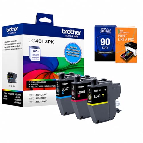 Brother Genuine LC401 3-Pack Color Standard Yield Ink Cartridge (Cyan, Magenta, Yellow) Bundle with Deco Essentials Printer eBook for MFC-J1010DW