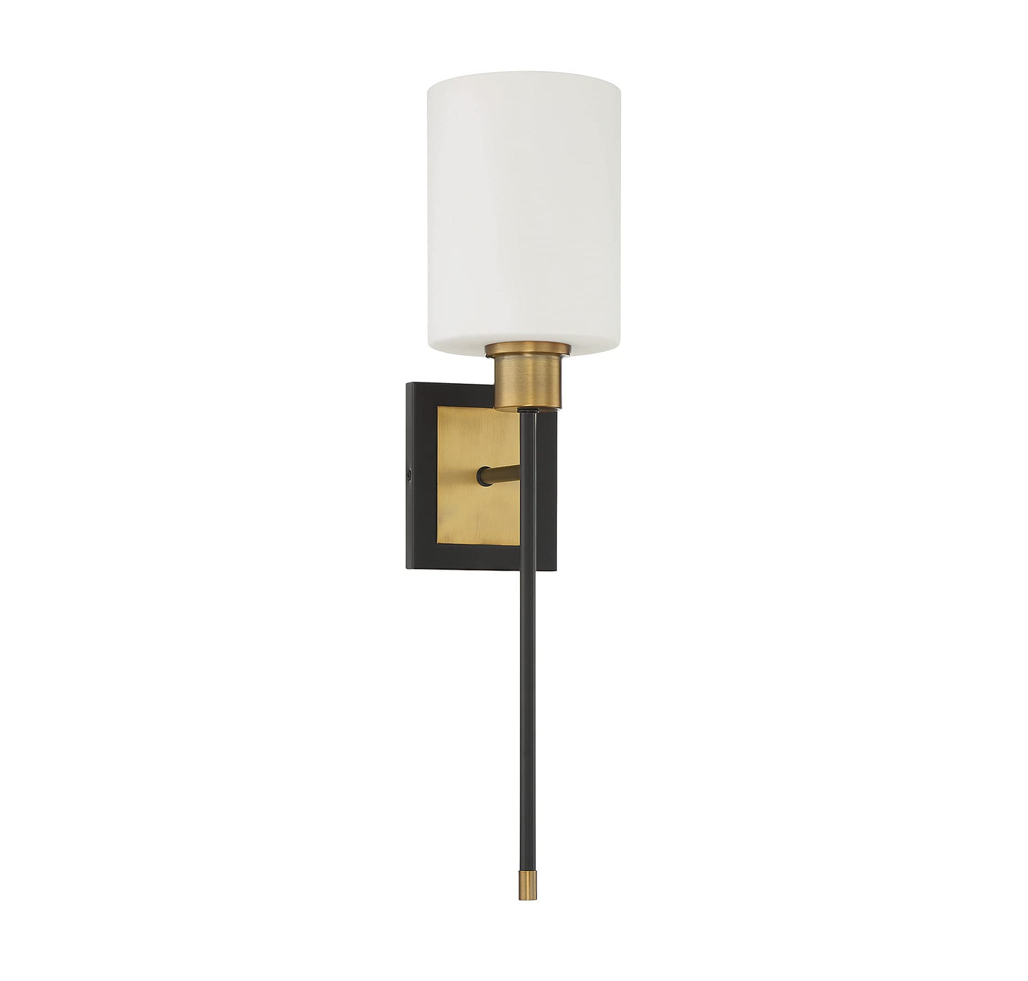 Savoy House 9-1645-1-143 Alvera Mid-Century Modern White Opal Glass Wall Sconce, 1-Light 60 Watt, 23" H x 6" W, Matte Black with Warm Brass Accents