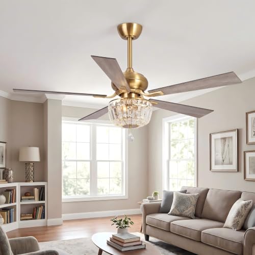 52 Inch Gold Ceiling Fans with Lights and Remote Crystal Chandelier Fan