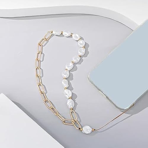 aoukoslt Elegant Metal Chain Pearl Phone Lanyard - Adjustable Wrist Strap with Secure Clasp for Hands, Stylish Beaded Phone Accessories Compatible