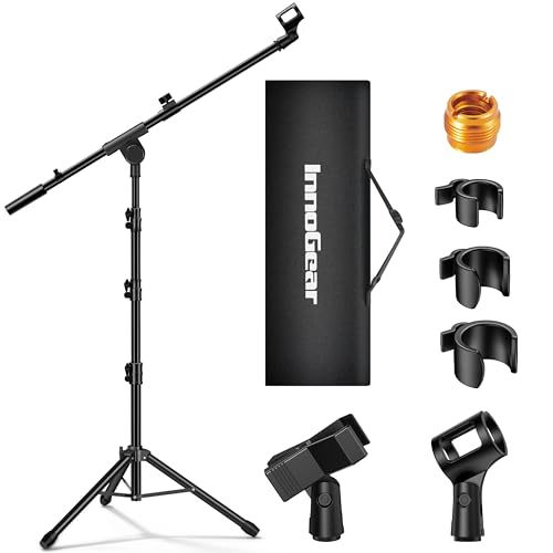 InnoGear Microphone Stand, Tripod Boom Arm Floor Mic Stand Height Adjustable Heavy Duty with Carrying Bag 2 Mic Clips 3/8" to 5/8" Adapter for Singing