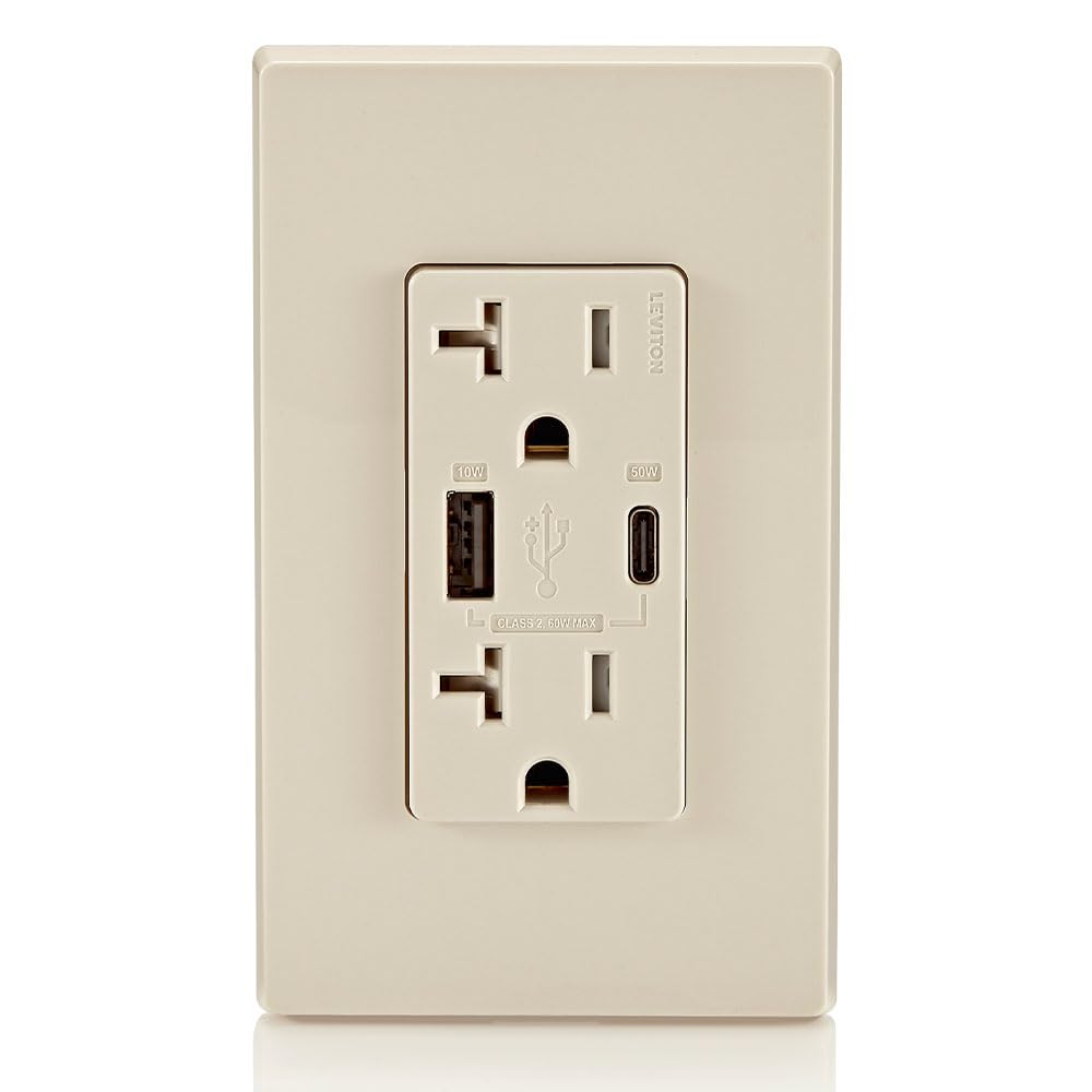 Leviton T5834-T 60W (20V@2.5A+ 5V@2A) USB Dual Type A/Type-C Power Delivery in-Wall Charger with 20A Tamper-Resistant Outlet, USB Charger