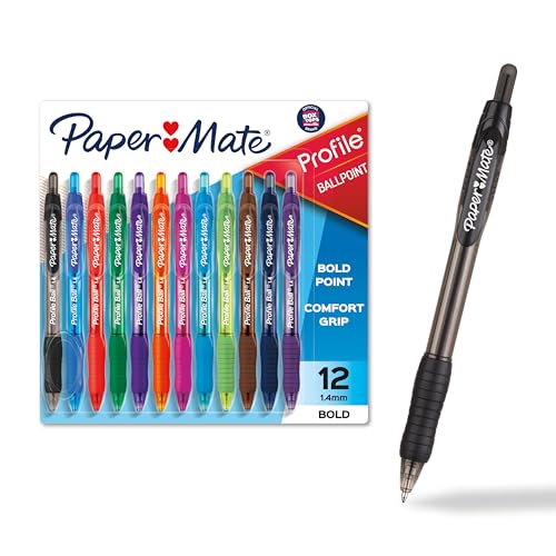 Paper Mate Profile Retractable Ballpoint Pens, Bold Point (1.4mm), Assorted Colors, 12 Count - Back to School, Office, Teacher Supplies