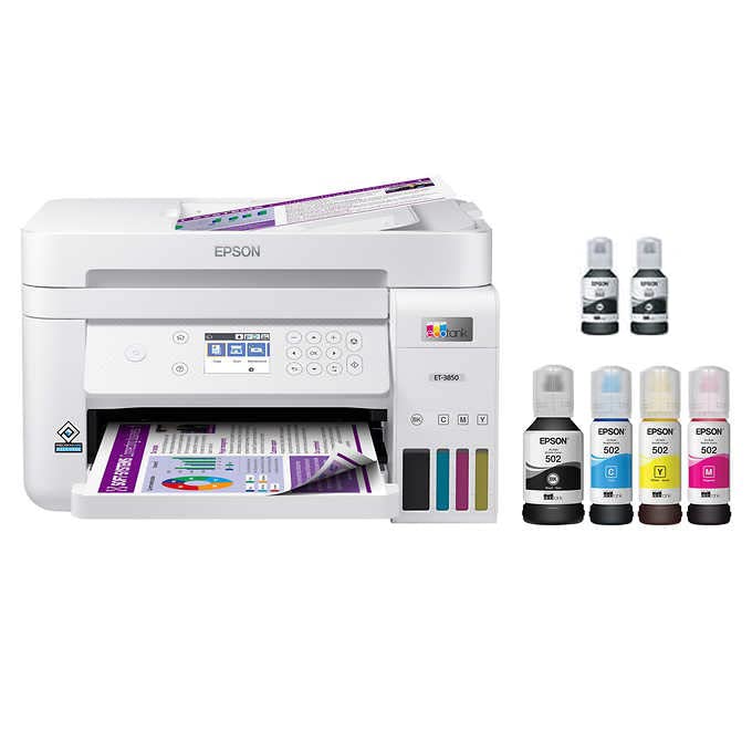 Epson EcoTank Wireless Color All-in-One Cartridge-Free ET-3850 Supertank Inkjet Printer for Home Office, Scanner, Copier, ADF and Ethernet, Mobile