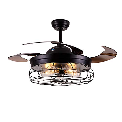 42'' Ceiling Fans light Invisible Retractable Blades Farmhouse Industrial Pendant Lamp Chandelier Remote Control for Living room, Bedroom, Dining