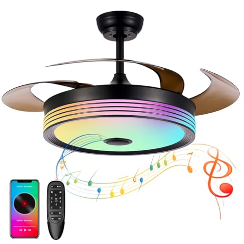 42 inch Modern Retractable Ceiling Fan with Lights and Remote Control, 6Speed Dimmable Fandelier, Smart Ceiling Fan Light with Bluetooth Speaker, RGB