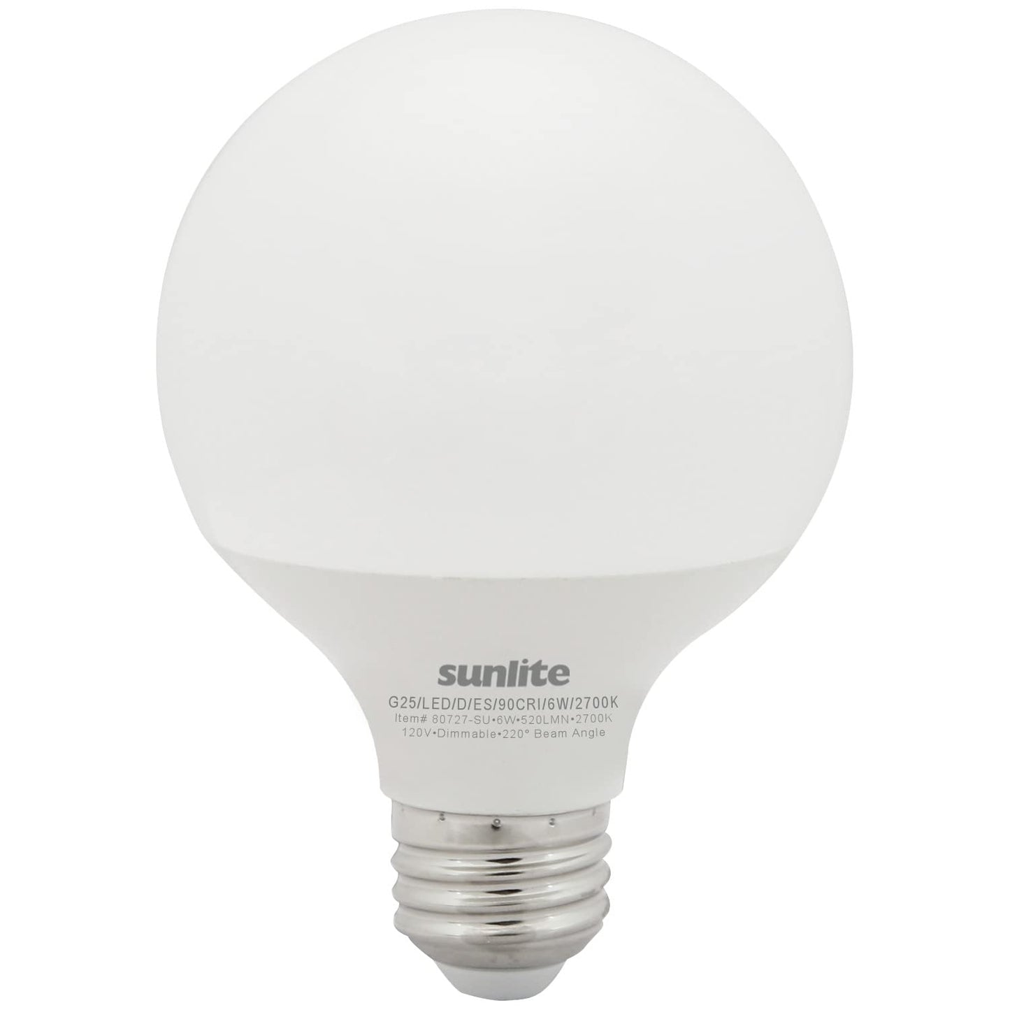 Sunlite LED G25 Globe Light Bulb, 6 Watts (60W Equivalent), Standard E26 Base, 500 Lumens, Dimmable, Frosted, 90 CRI, Title-20 Compliant, ETL Listed