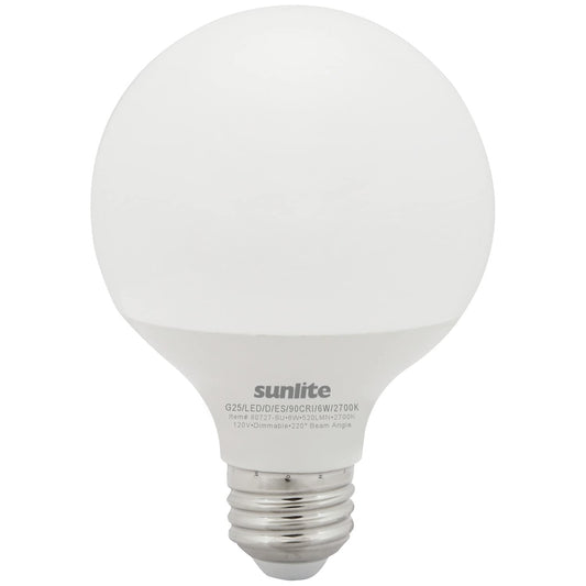 Sunlite LED G25 Globe Light Bulb, 6 Watts (60W Equivalent), Standard E26 Base, 500 Lumens, Dimmable, Frosted, 90 CRI, Title-20 Compliant, ETL Listed