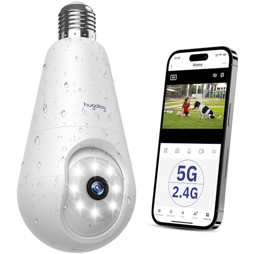 Hugolog 2K 3MP Light Bulb Security Camera 5G& 2.4GHz WiFi, 360° Wireless Outdoor Indoor Camera for Home, Motion Detection, Two-Way Talk, Color Night