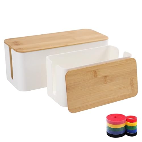 Cable Management Box Organizer, Set of 2 Bamboo Lid Large Storage Wire Holder to Conceal Hide Surge Protector, Power Strips Cord on Desk Floor, with 5