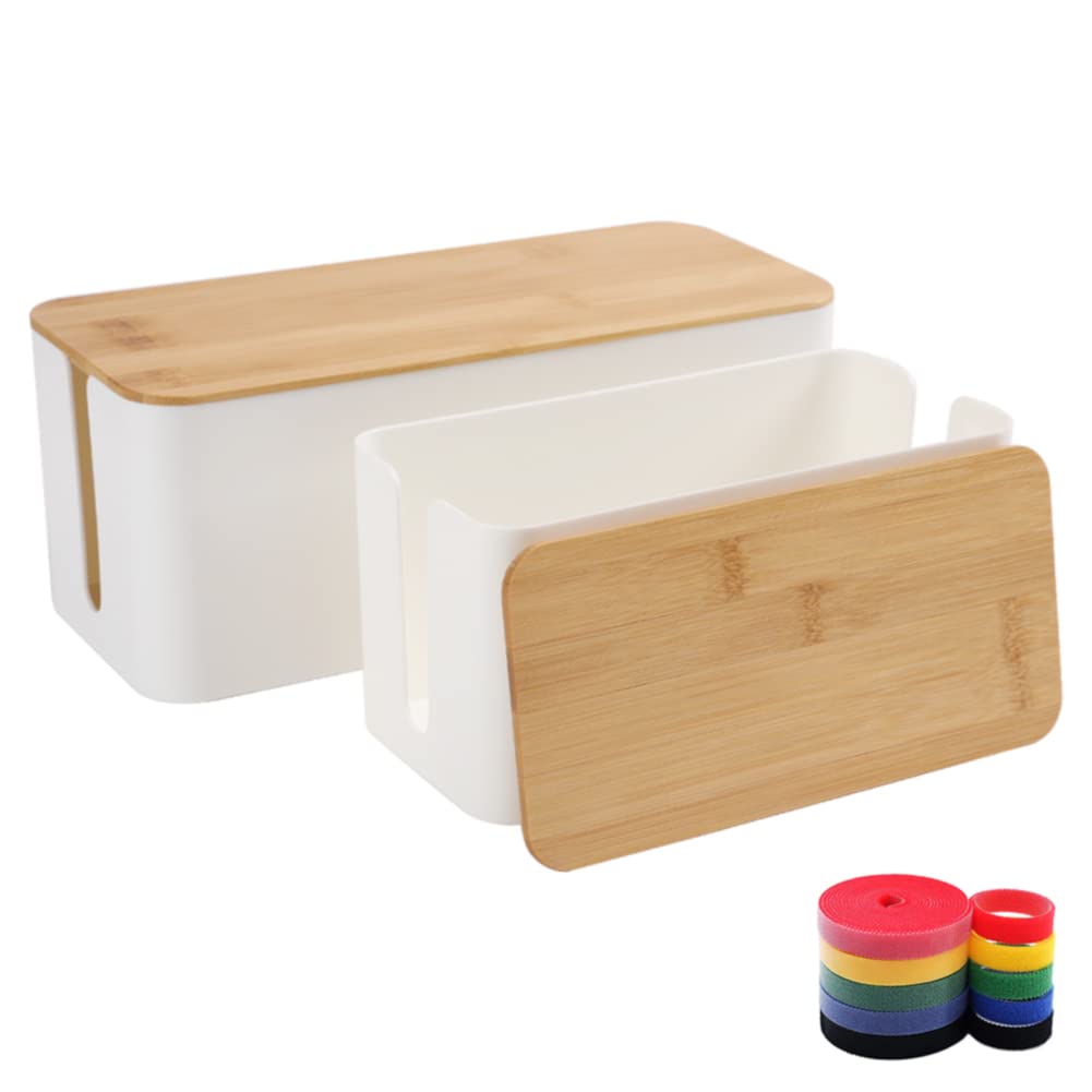 Cable Management Box Organizer, Set of 2 Bamboo Lid Large Storage Wire Holder to Conceal Hide Surge Protector, Power Strips Cord on Desk Floor, with 5