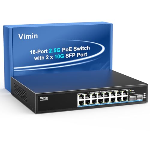16 Port 2.5G PoE Switch Unmanaged with 2X 10Gbps SFP, VIMIN 16x 2.5G Base-T PoE Ports, 10G SFP PoE Switch w/ 120Gbps Ethernet Switching Capacity