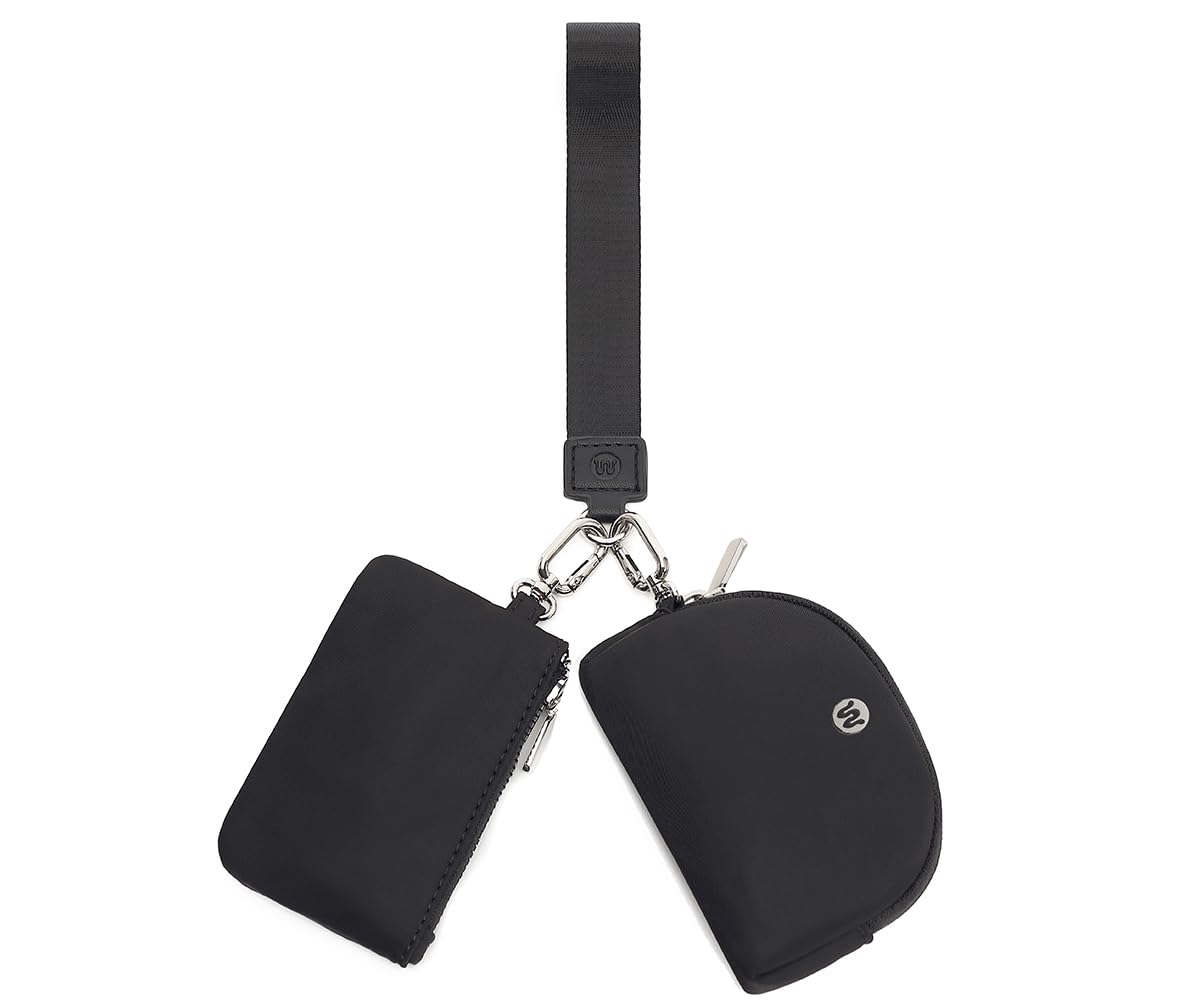 WSRYDJDL Mini Zip Around Wristlet Wallet for Women Detachable Dual Pouch Wristlet Portable Coin Pocket Keychain Small Purse (Black+Black)