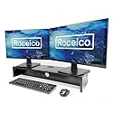 Rocelco 30" Dual Monitor Stand with AC Outlets and USB Power/Charging Strip - Wood Laptop TV PC Riser Shelf with Keyboard Mouse Storage and Cable