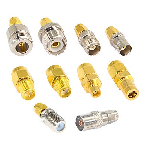 Kaunosta SMA Adapter Kit 10PCS,SMA Male to UHF, BNC, RPSMA, TV, MCX, F-Type, N, TNC, SMB, Nickel Gold-Plated RF Connectors for Antennas and Wireless