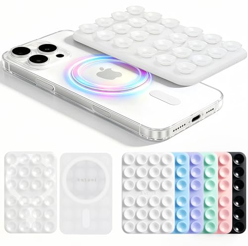 Anteel 2026 Upgraded Magnetic Suction Phone Holder, Clear Silicone Suction Sticky Grip Holder for iPhone 12 13 14 15 16 17 Series, Suction Mirror