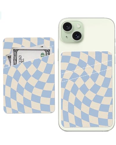 AWHSCP Leather Phone Wallet, Dual Pocket Credit Card Sticky Wallet, Compatible Cell Phones, Cute Twisted Blue Checkerboard