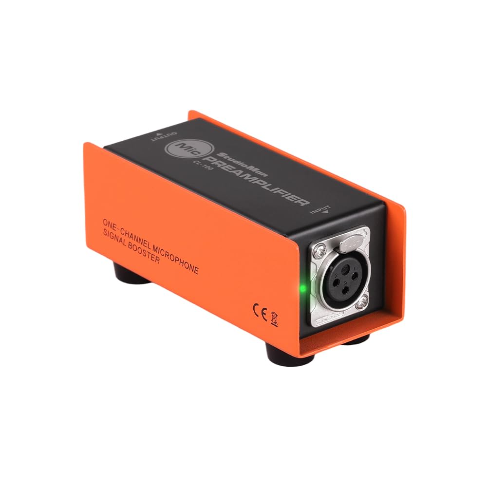 StudioMan CL-100 XLR Preamp for Dynamic Microphones,25dB Gain, Low-Noise Amplifier,Compact Metal Housing, XLR I/O,Orange/Black, Phantom Power