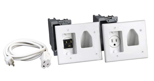 DATA COMM Electronics 45-0023-WH Recessed Pro-Power Kit with Straight Blade Inlet, 2 Gang Outlet Boxes for Low Voltage Cords & Power, In Wall Cable