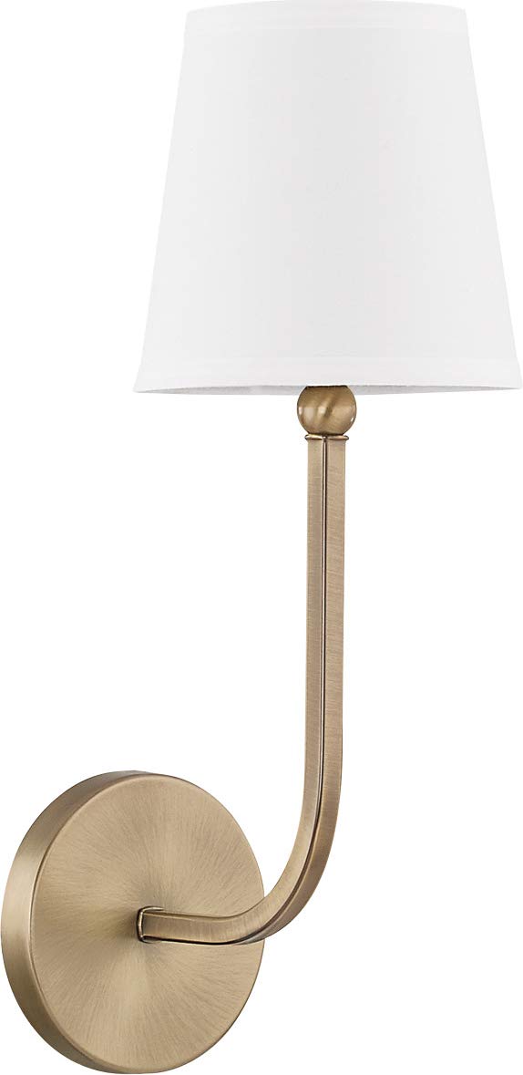 Capital Lighting 619311AD-674 Dawson Decorative White Fabric Stay-Straight Shade Wall Sconce, 1-Light 60 Watt, 17" H x 6" W, Aged Brass