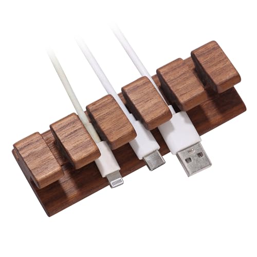 Walnut Wood Cord Holder - 5 Slots Cable Organizer with Adhesive Tape, Desk Wire Management for USB, Charging, HDMI, and Type-C Cables (5 Slot)