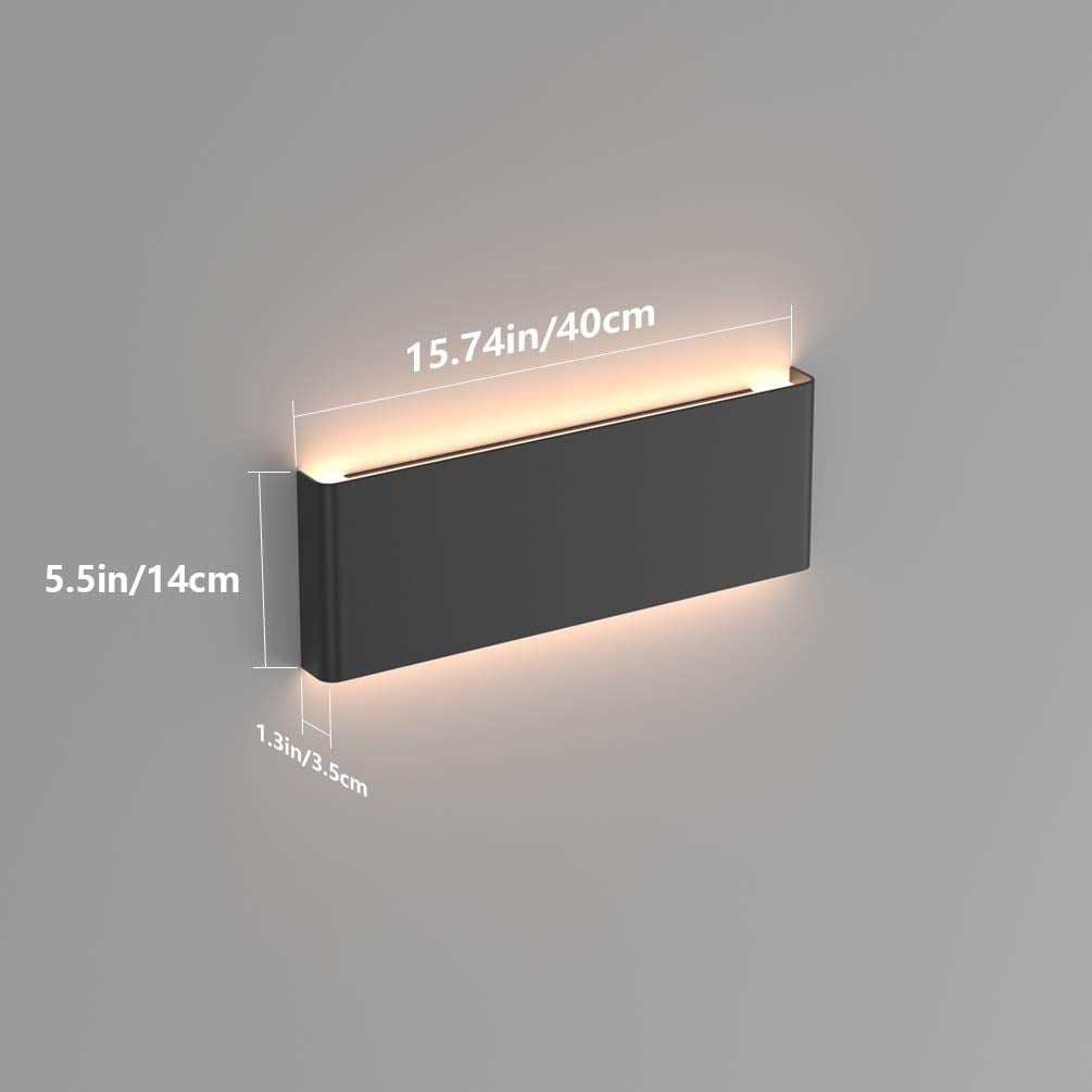Ralbay 15.7in LED Modern Matte Black Wall Sconce 2-Pack Aluminum Indoor LED Up and Down Modern Bathroom Wall Lighting Fixtures 14W Warm White Light