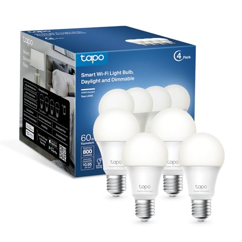 TP-Link Tapo Smart Light Bulbs - Natural Daylight, Dimmable, Compatible w/Alexa and Google Home, A60 Bulb/E27 Base, 60W Equivalent, 800LM CRI>90