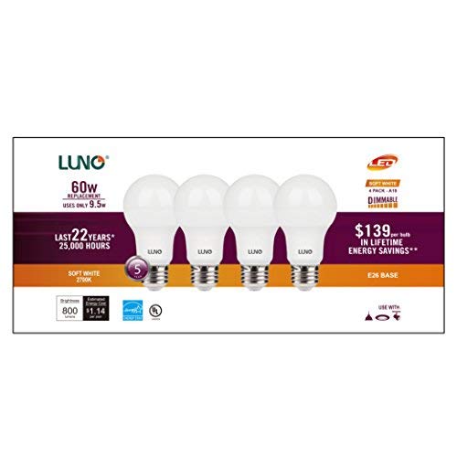 LUNO A19 Dimmable LED Bulb, 9.5W (60W Equivalent), 800 Lumens, 2700K (Soft White), Medium Base (E26),UL & Energy Star (4-Pack)