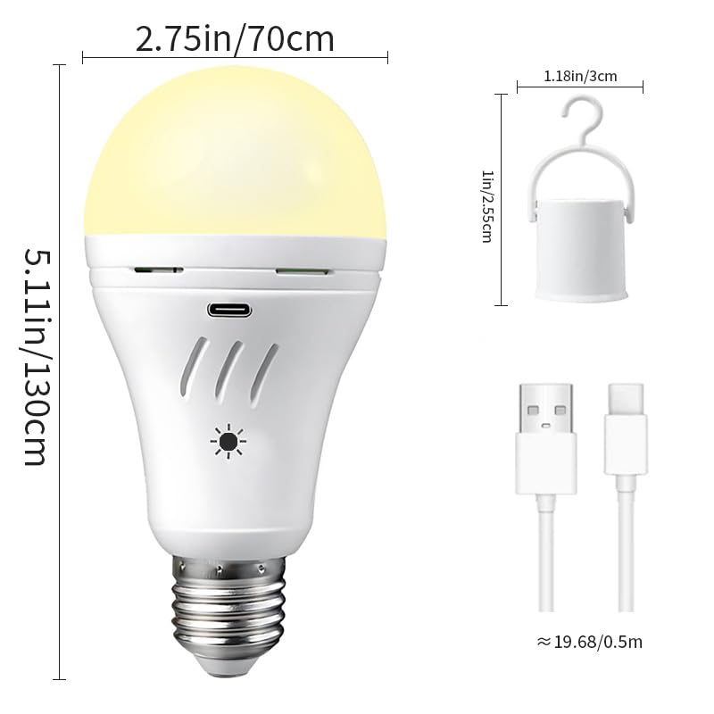 SiJiMingyue A19 Rechargeable Emergency Light Bulb with Remote, E26 USB Dual Charging, 3 Color Dimmable LED, Touch Hardwired Battery Powered Backup