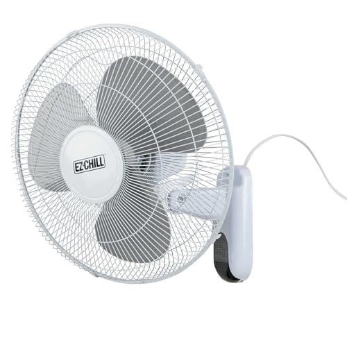 EZ-CHILL 16" Oscillating Wall Mount Fan with Remote Control, Timer, Auto Shut Off, Adjustable Tilt, Quiet, 3 Speed, Ideal for Home, Bedroom, Gym