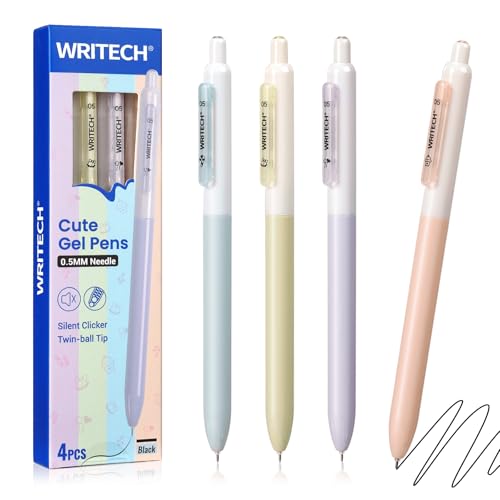 WRITECH Gel Pens Fine Point: 0.5mm Retractable Fine Point Smooth Writing Pen Set No Smear Black Ink Silent Click 4ct for Journaling