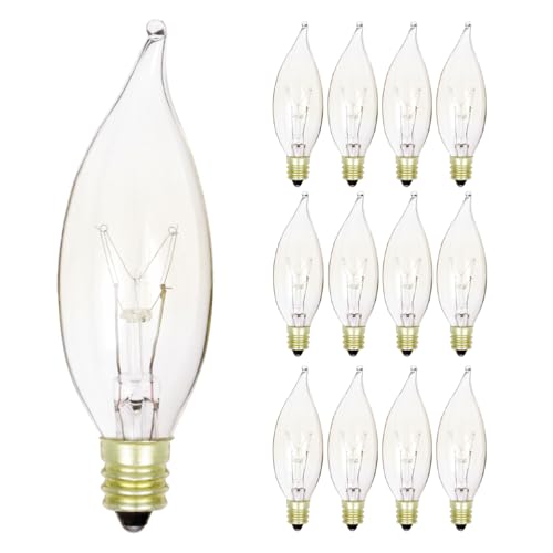 KOR 15W Clear Flame Tip Incandescent Bulbs, Candelabra E12, 12-Pack