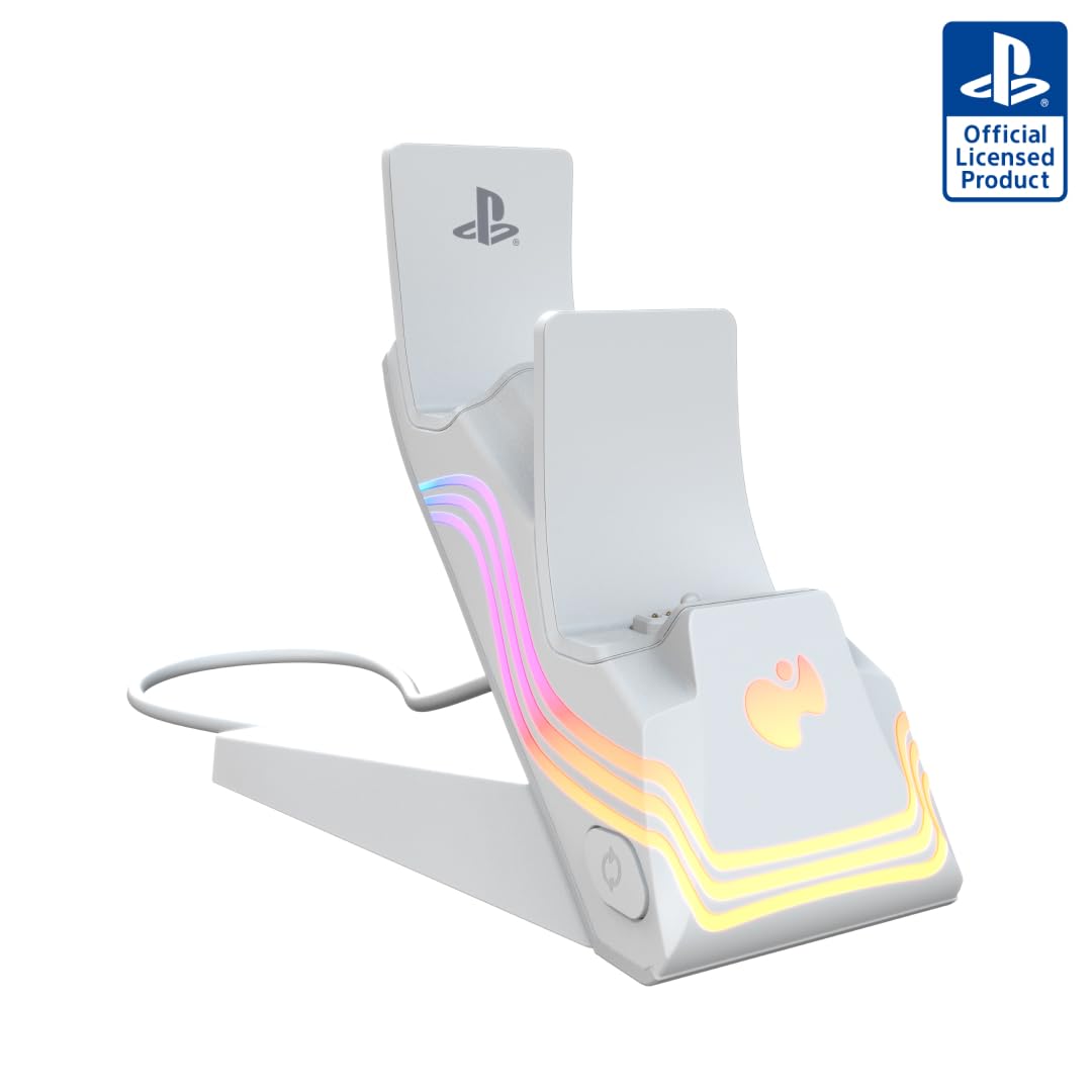 PDP Afterglow Wave LED Dual Gaming Charger for 2 PlayStation 5 DualSense Controllers, Compatible with PS5 and PS4, Customizable RGB Lighting Effects