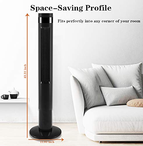RMYHOME 43” Tower Fan with Oscillation, Remote Control and LED Display, 3 Powerful Wind Modes, Up to 12 H Timer Bladeless Standing Fan, Portable Fan
