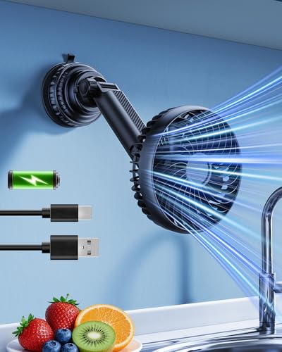 5000mAh Rechargeable Suction Cup Fan for Bathroom Shower, 360° Adjustable Stick on Fan for Wall, Detachable Battery Operated Wall Fan for Bathroom