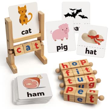 Coogam Wooden Reading Blocks – Short Vowel Rods Spelling Game with Rotating Letter Puzzle & Flash Cards, Montessori Learning Toy for Preschool Kids