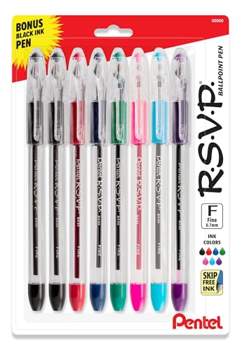 Pentel RSVP Original Ballpoint Pen, (0.7mm) Fine Line, Assorted Ink Colors, Clear Barrel, 8 Pack with Bonus Black Ink Pen