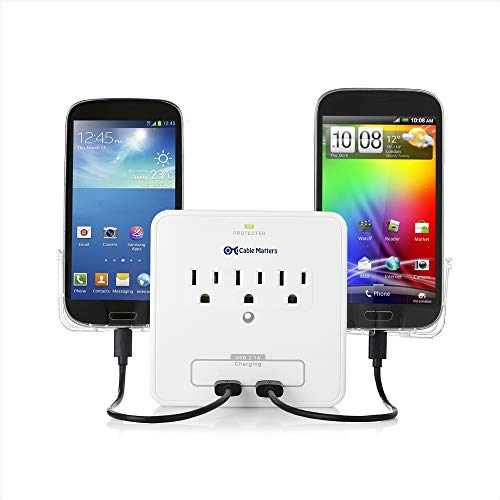 Cable Matters 3 Outlet Wall Mount Surge Protector with USB Charging and 3 Inch Wide Slide-Out Smartphone Holders White