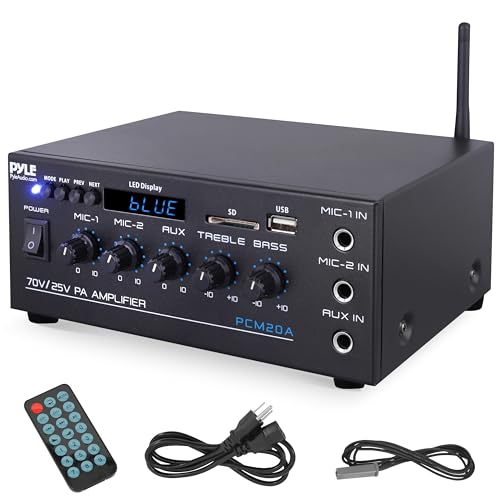 Pyle Compact Mini Home Power Amplifier - 40W Smart Small Audio Stereo Receiver w/ AUX 2 Microphone IN COM/8-Ohm/25V/70V Speakers LED Input Selector